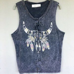 Vintage Havana Sleeveless Shirt Women L Acid Wash Lace Up Longhorn Skull Western
